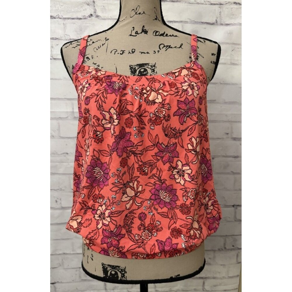 Lands End 6P Orange floral Modest  Blouse Style Tank Tankini Swimsuit Top‎